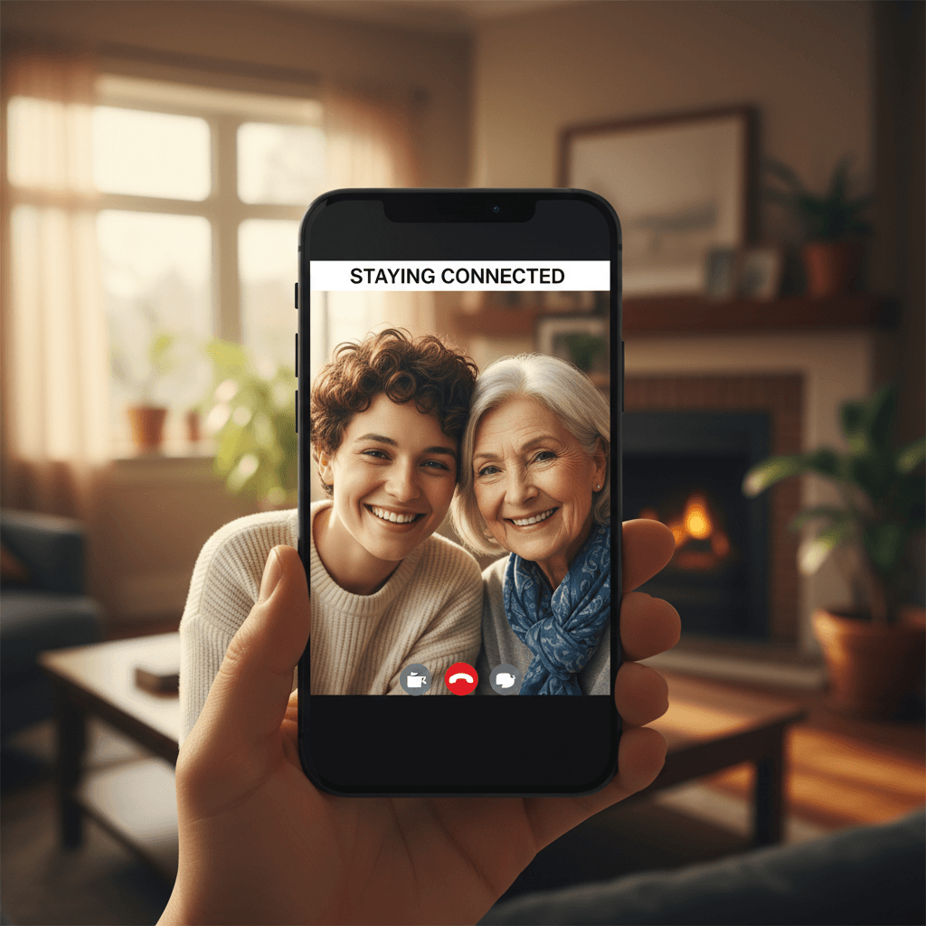 Family members connected via video call after money transfer