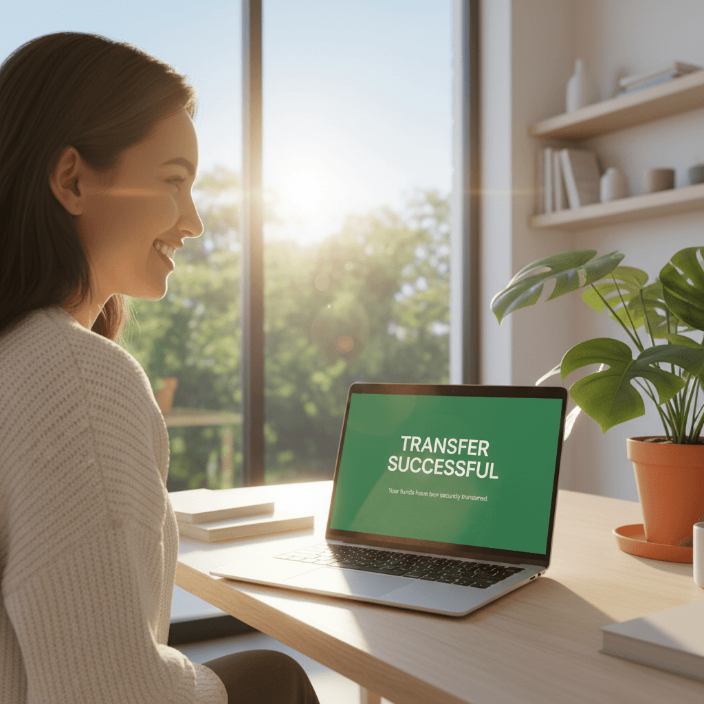 Person reviewing completed money transfer on laptop
